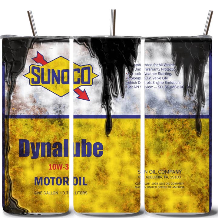 Alpha Printing 20oz Stainless Steel Tumbler with Straw – Inspired Motor Oil Can Design – Double Wall Insulated Retro Automotive Travel Mug for Hot & Cold Beverages for wholesale by Alpha Wholesale