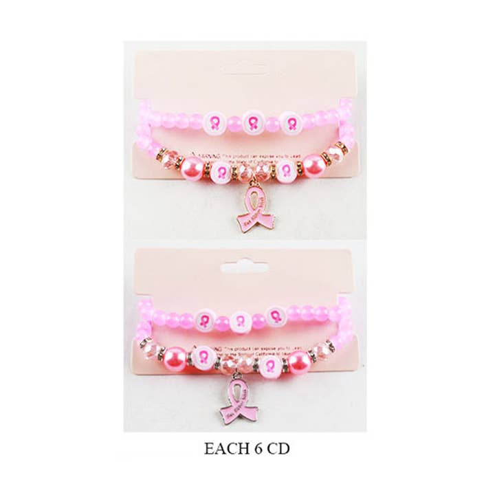Sensibling Corp. - Wholesale Beaded Bracelet - 12 SET OF 2-Enamel Pink Ribbon Charm Bead Stretch Bracelets