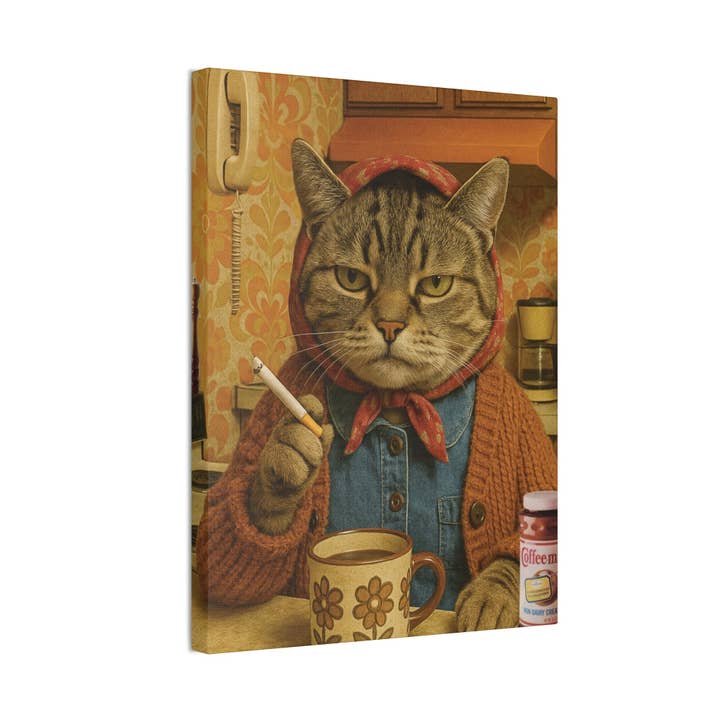 Babushka Cat Smoke Break Nostalgic Kitschy Cat Art Canvas for wholesale by Babushka Cat