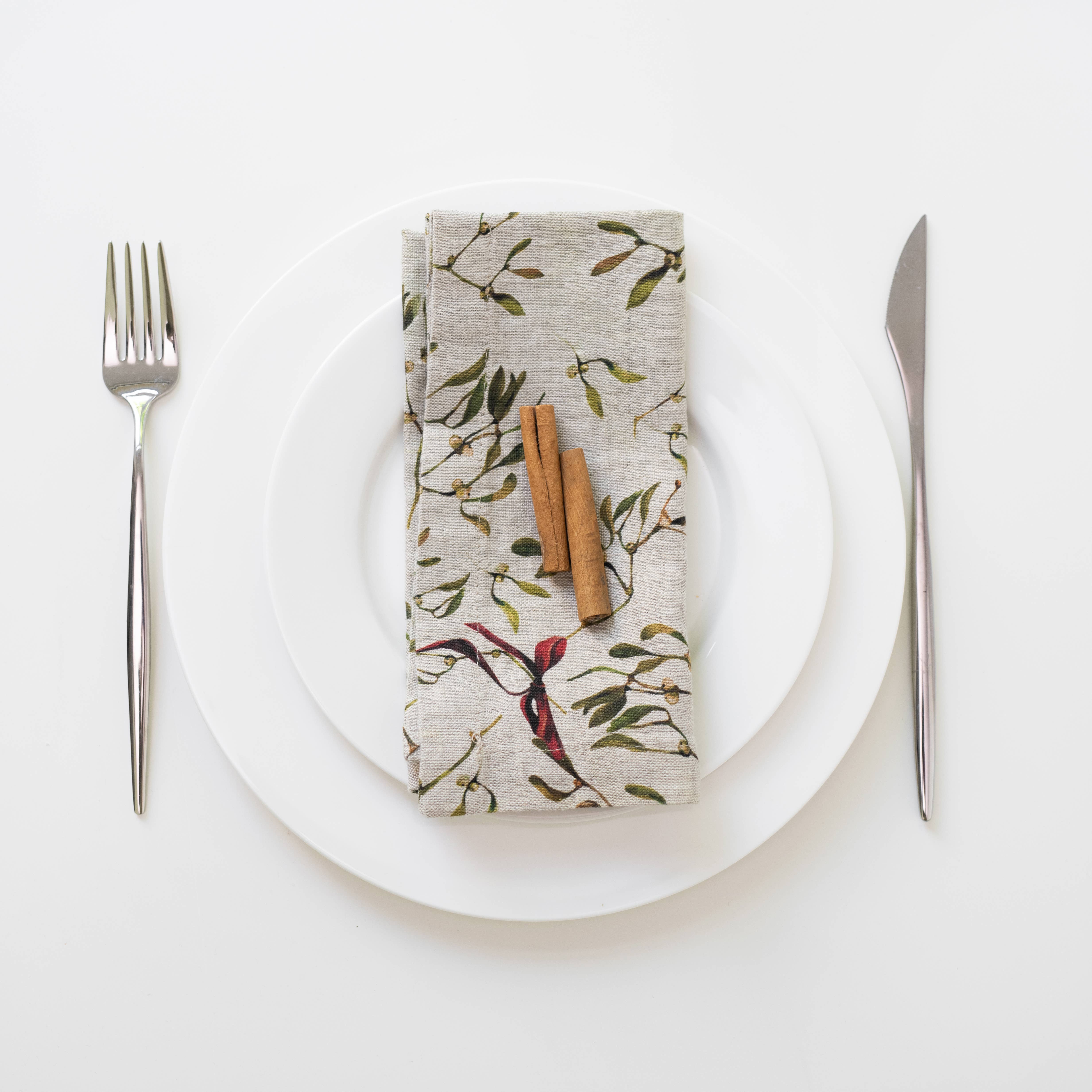 Linen Tales (We cover U.S. import duties) - Wholesale Dinner & Cloth Napkin - Mistletoe on Natural Linen Napkins Set of 20
