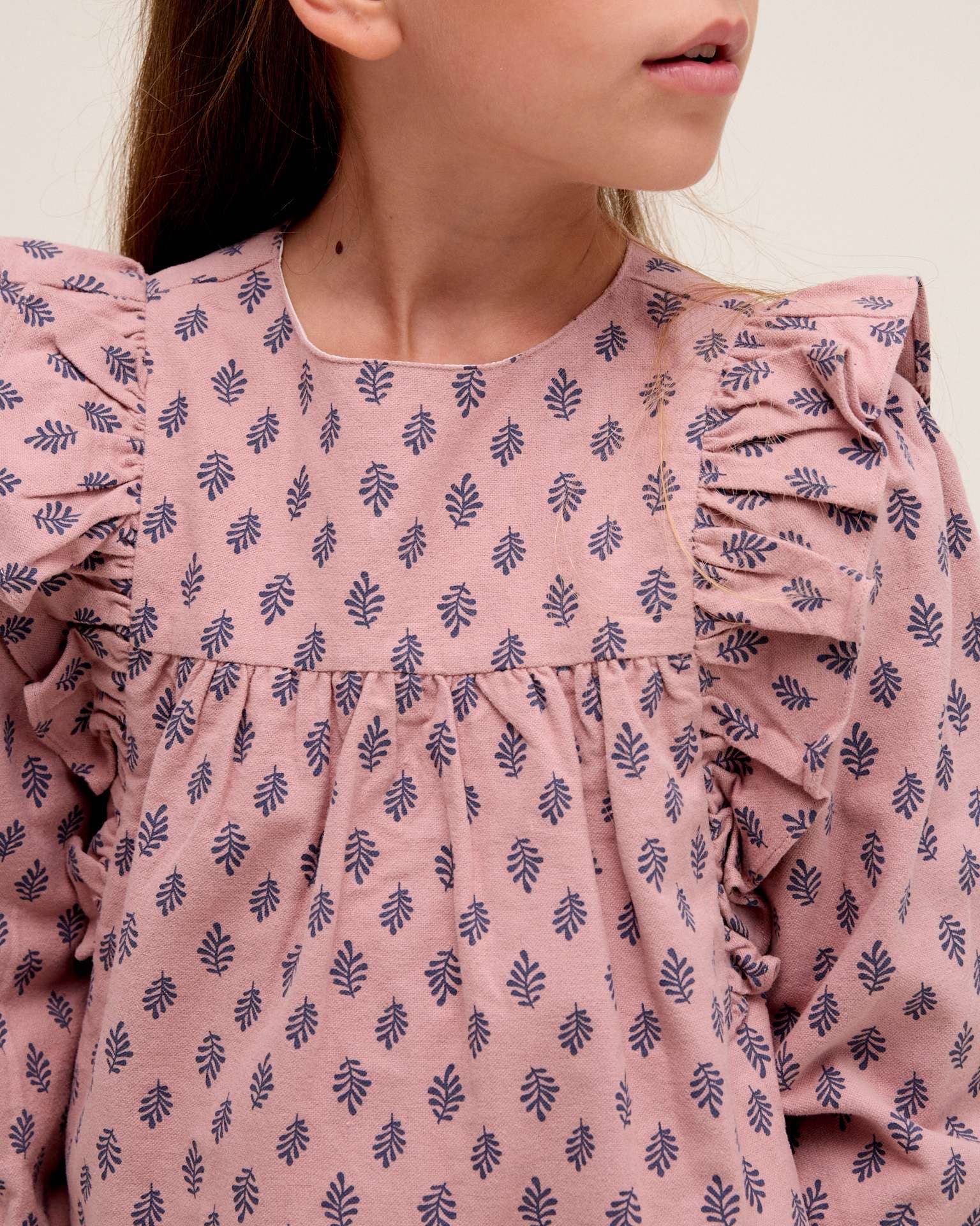 Rose Pink girl's dress with blue leaf print for wholesale on Faire2