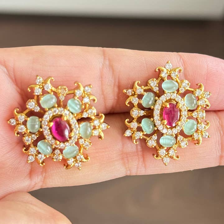 Royal Ruby & Mint Polki Stud Earrings – South Asian Bridal Style for wholesale by Vinnis Jewelry