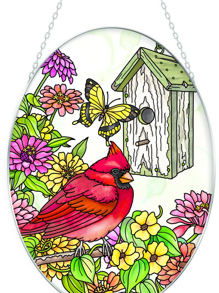 Attrape-soleil ovale en verre moyen "Chant d'oiseau Cardinal" - 18 cm x 14 cm pour la vente par Bridgeton Hall