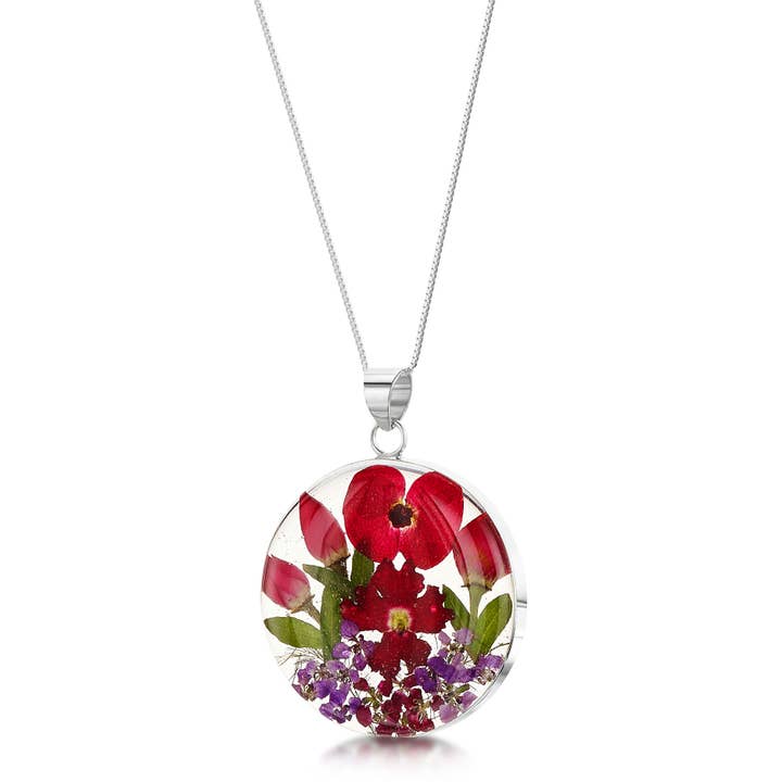 Silver Pendant Necklace - Bohemia Poppy/Rose - Lg Round. for wholesale by Shrieking Violet