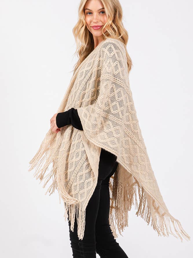 Hana – wholesale Cardigan – Women’s – Diamond Pattern Tassel Knit Ruana Winter Cardigan7