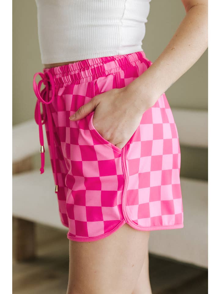 1 the Woman - Wholesale Shorts - Women's - Checkered Drawstring Elastic Waist Casual Shorts