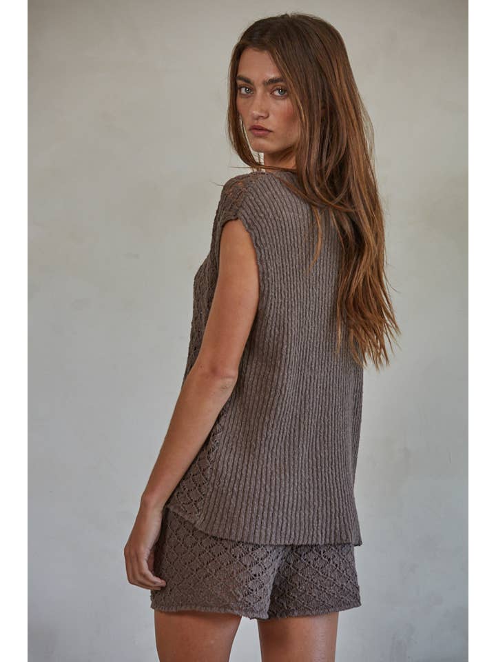 Chocolate W1883 | Knit Sweater Cotton Buttondown V-Neck Sleeveless See for wholesale on Faire
