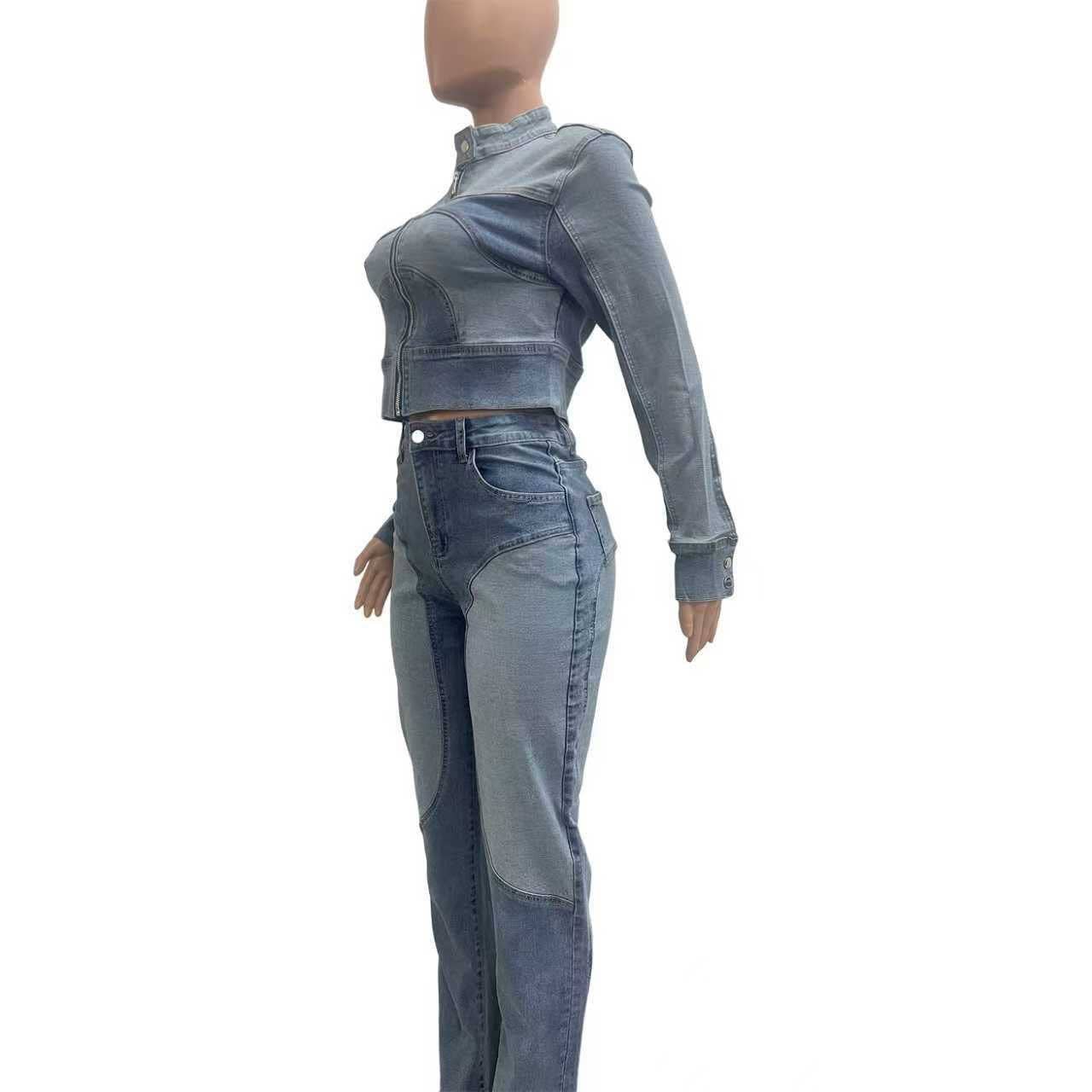 MB Fashion Wholesale - Wholesale Top & Pant Set (NOT Loungewear) - Women's - MB FASHION Two-Piece Zip-Up Denim Jacket and High-Waist Jeans Set 81967