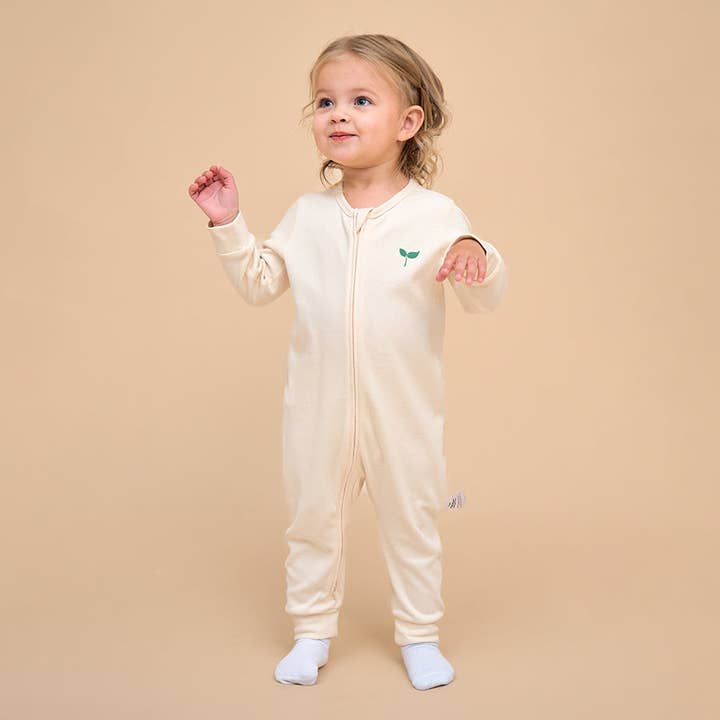 Super Soft Organic Cotton 2-Way Zip Sleep & Play Pajamas - Beige for wholesale by Little Plant