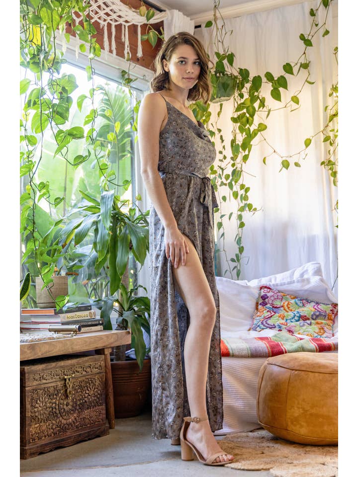 Blue B - Wholesale Jumpsuit - Women's - 31632R - Satin Ditsy Floral Cowl Neck Cami Slit Jumpsuit2