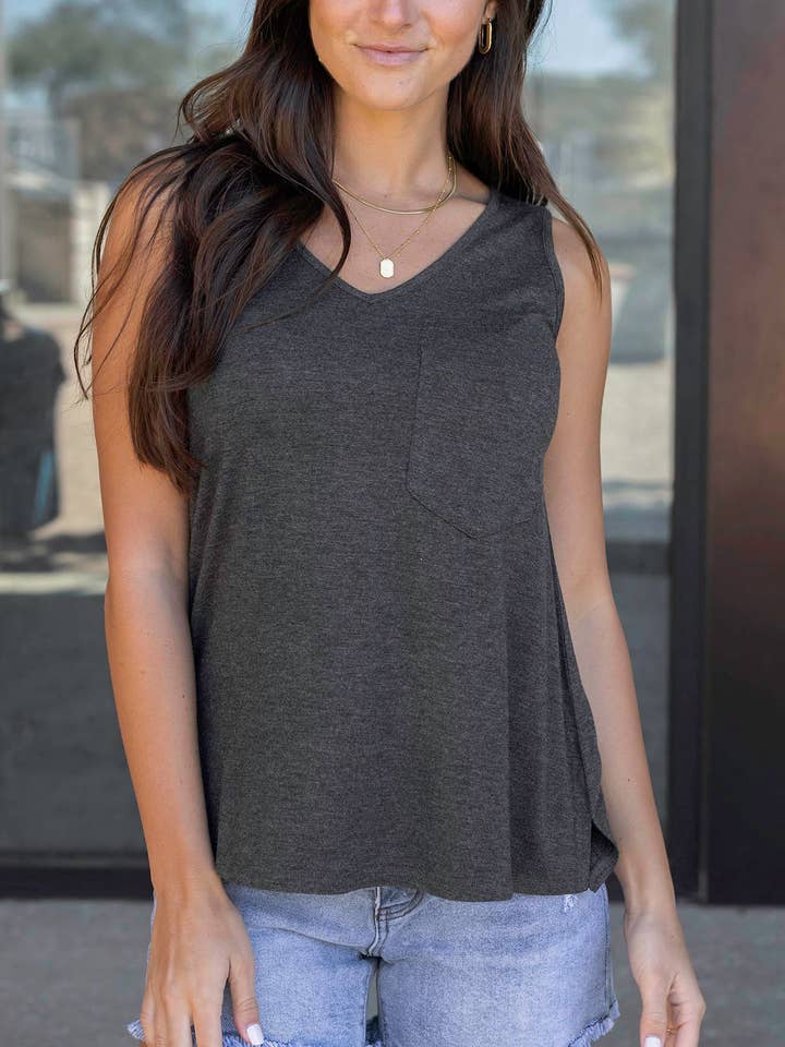 New Perfect Pocket V-neck Tank in Charcoal for wholesale by Grace and Lace