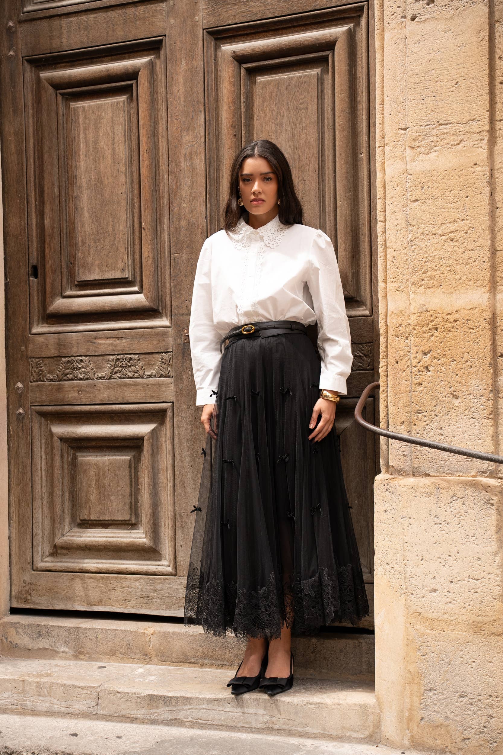 CHOKLATE PARIS – Engroshandel Nederdel - Dame – Lang tylskørt med sløjfer og broderi - CK083875