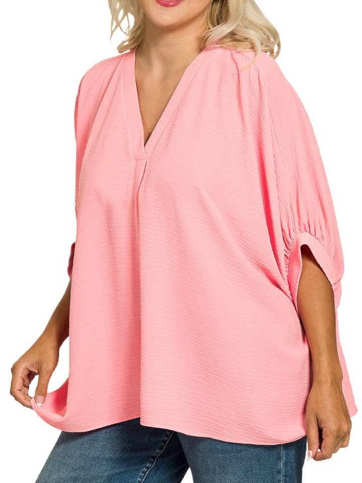 Plus vævet Airflow V-hals Puffærmet top med halve ærmer for engroshandel hos Vanilla Monkey