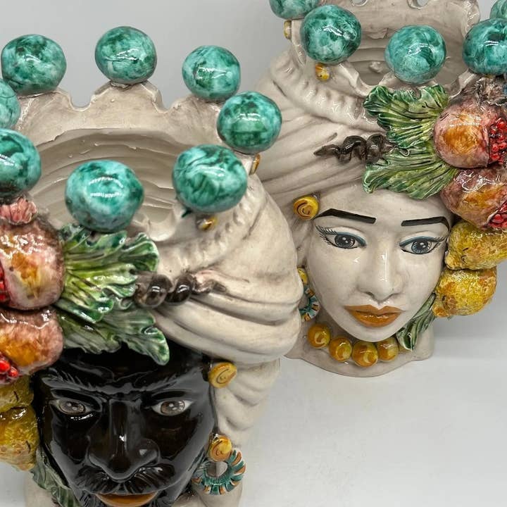 DD Ceramiche Siciliane - Wholesale Decorative Figurine - Teste di Moro Fiori e Frutta Ceramica Caltagirone cm H.30 L.23 Handcrafted Crown with Green Spheres8