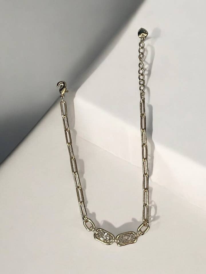 Paper Clip Link and CZ Stone 14k Gold Electroplated Bracelet for wholesale by Divina Jewelry & Accessories LLC