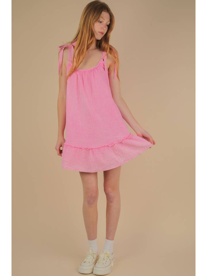 VERY J - Wholesale Dress - Women's - ND31743-Mineral Washed Shoulder Tie Mini Dress