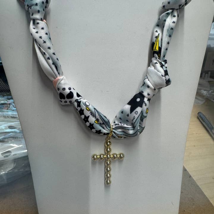 Pink, Navy and White Knotted Scarf with Bubble Cross Removable Charm for wholesale by What's Hot