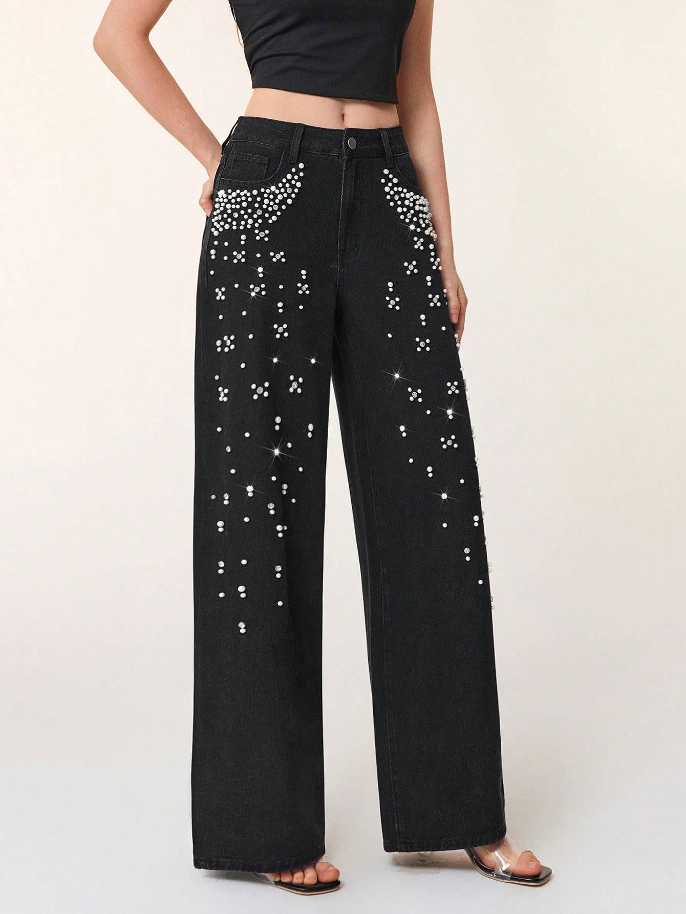 HIDDENBRAND - Wholesale Jeans - Women's - Graceful stylish faux pearl beaded straight wide-leg jeans2