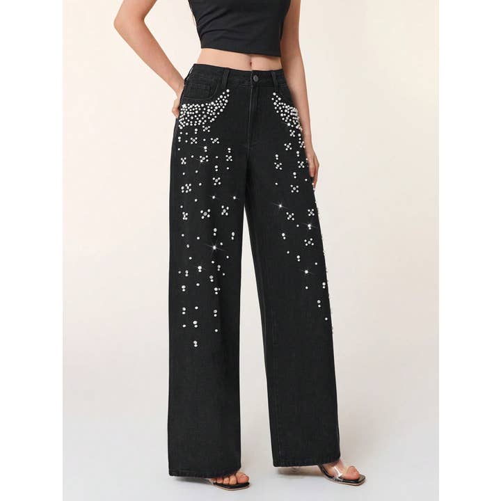 HIDDENBRAND - Wholesale Jeans - Women's - Graceful stylish faux pearl beaded straight wide-leg jeans2