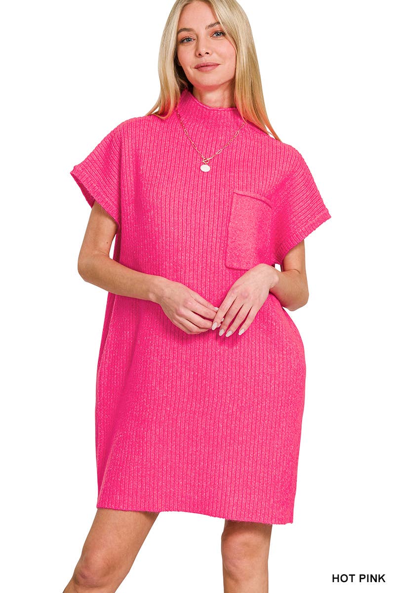 42POPS - Wholesale Dress - Women's - ..SI-26560 Mock Neck Short Sleeve Sweater Dress With Pocket9