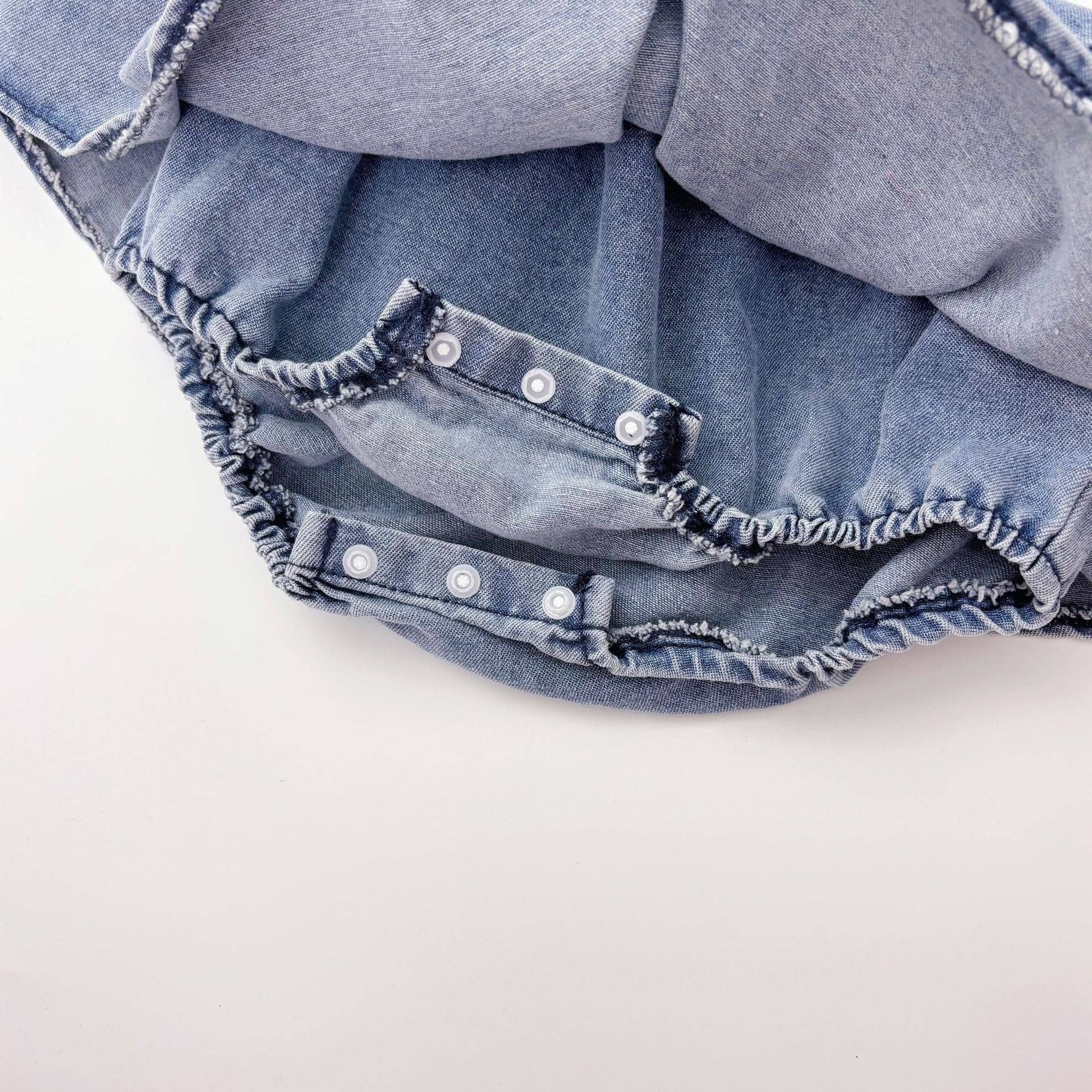 Blue Summer Arrival Baby Girls Cute Sleeveless Denim Pleated Dress Design Strap bodysuit for wholesale on Faire3