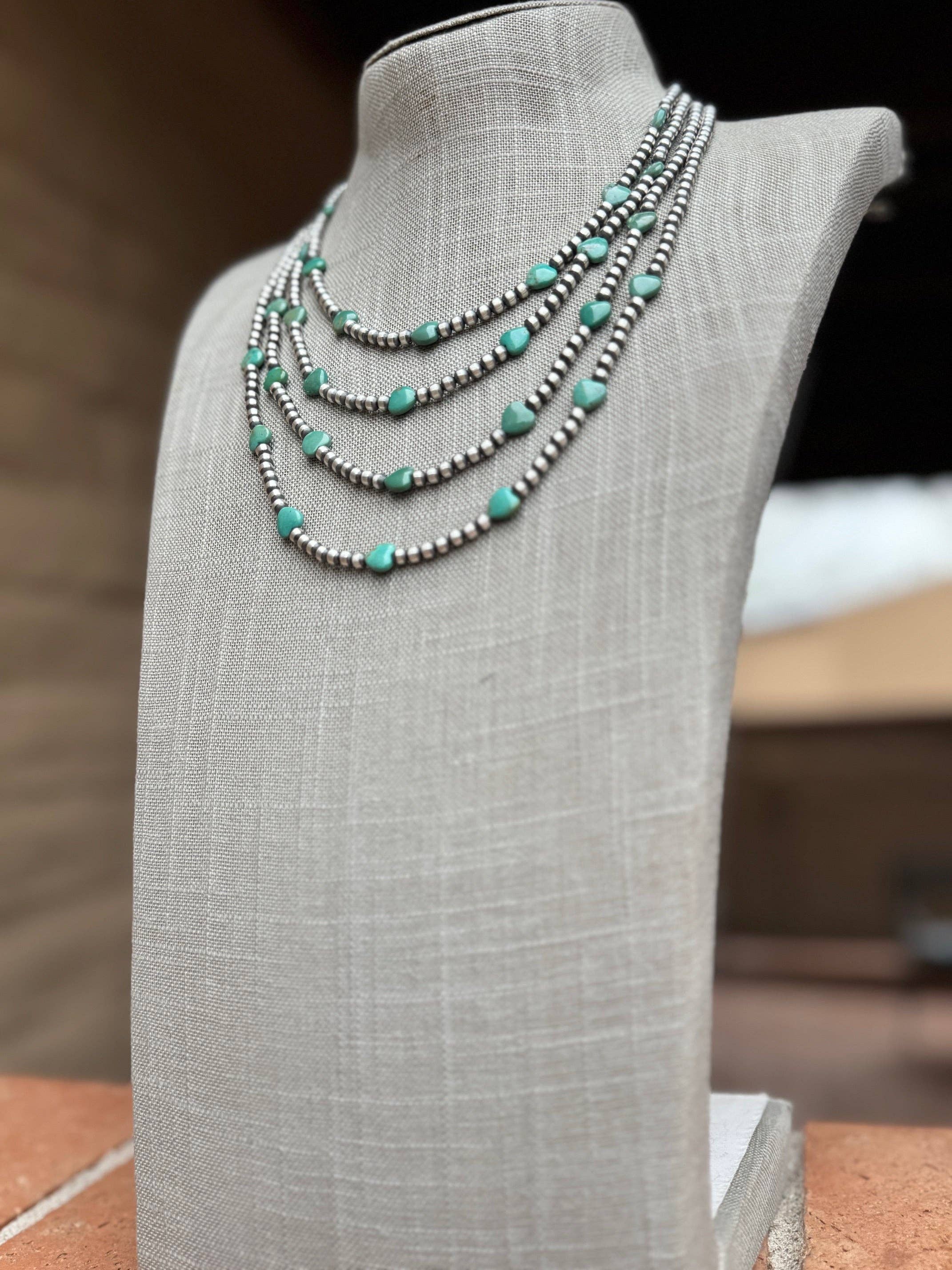 Nizhonitradersllc - Wholesale Beaded/Pearl Necklace - Handcrafted Kingman Turquoise &  Sterling Silver Heart 4mm Beaded Necklace2