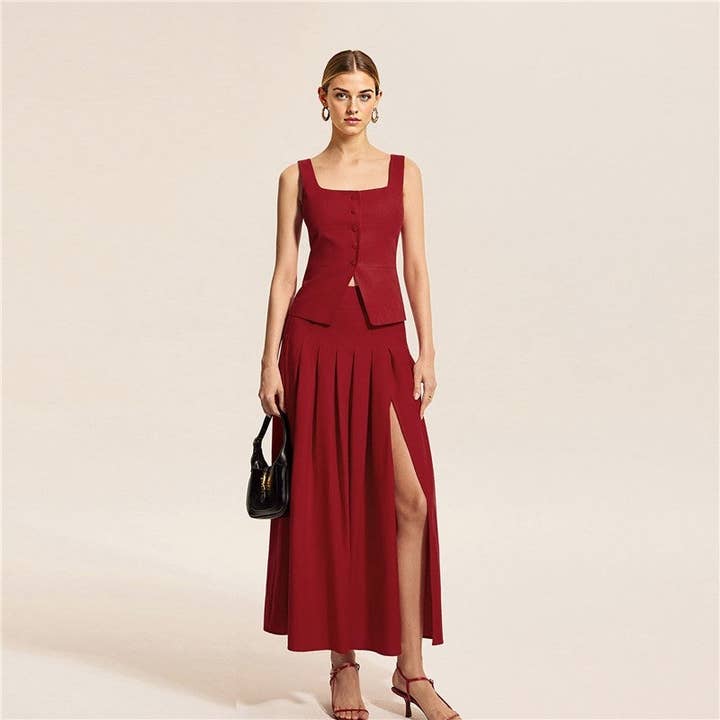 Waist Cut Sleeveless Vest Skirt Split Flare for wholesale by Sheer Trend