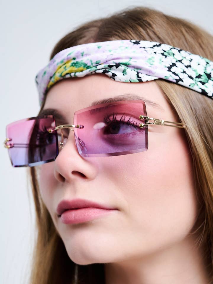 Guld tunna kantlösa fyrkantiga solglasögon med lila till rosa gradientlinser för wholesale av Q2—All Orders:Free Duties for the US,UK,and Canada