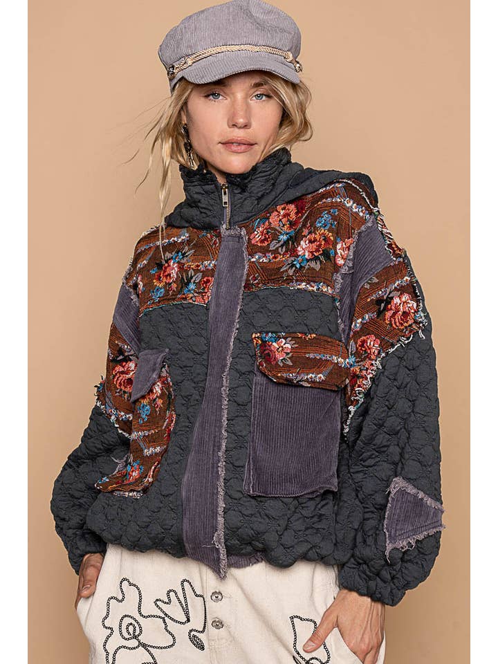 Pol Clothing - Wholesale Jacket - Women's - Oversize floral print contrast qulited jacket