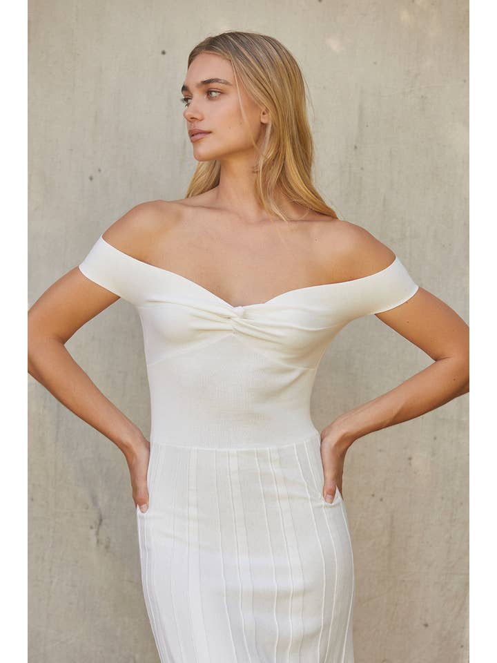 WHITE CD9340 - Leah Off Shoulder Crisscross Knit Dress for wholesale on Faire