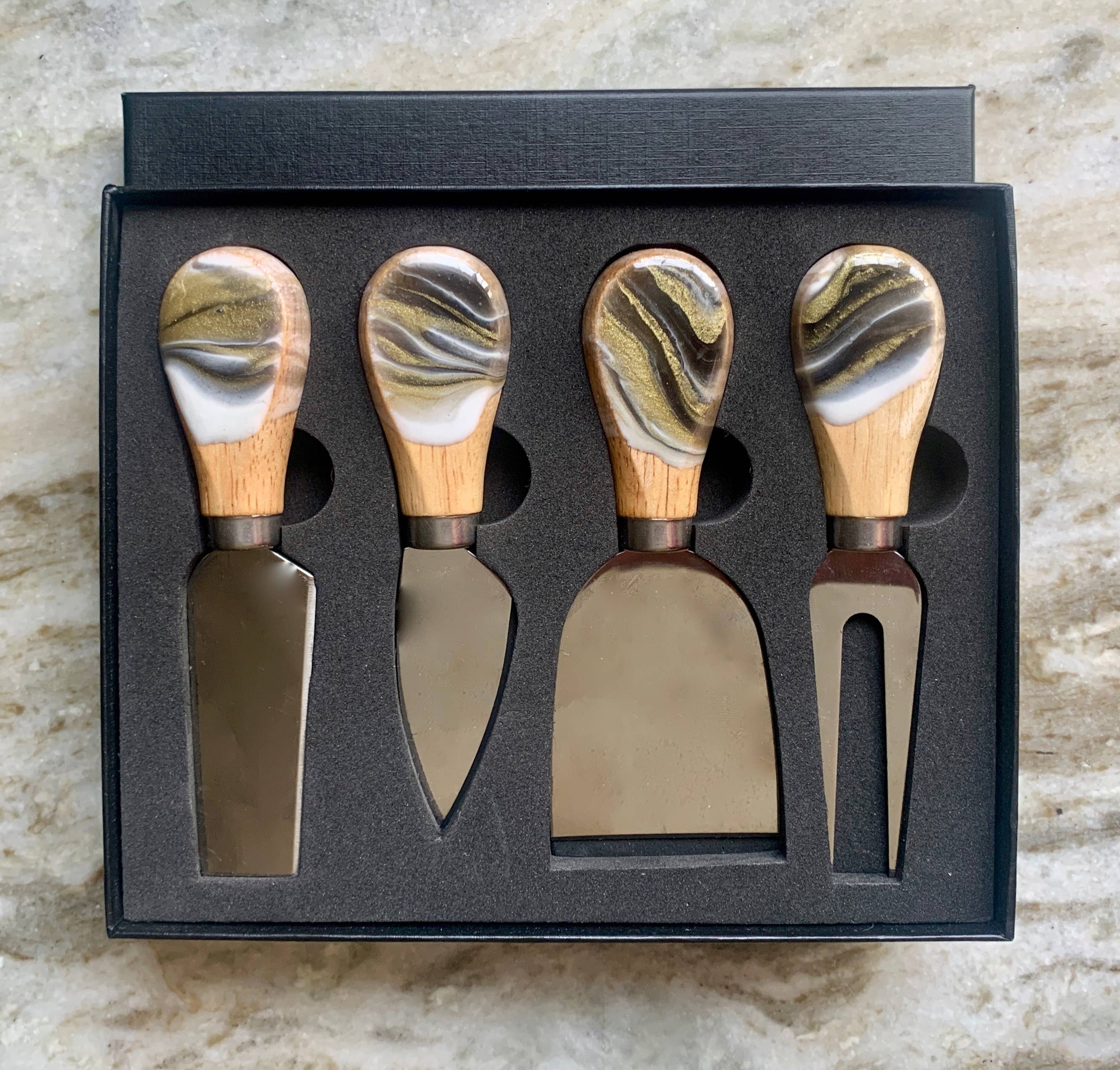 Nikita Fine Art LLC - Wholesale Kitchen Utensil Set - Cheese Utensil Set of 6 with black box organic resin4
