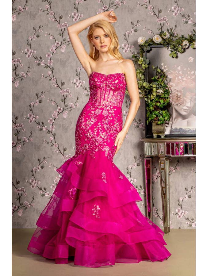 Magenta Sequin Sheer Bodice Ruffled Skirt Mesh Trumpet Long Dress for wholesale on Faire