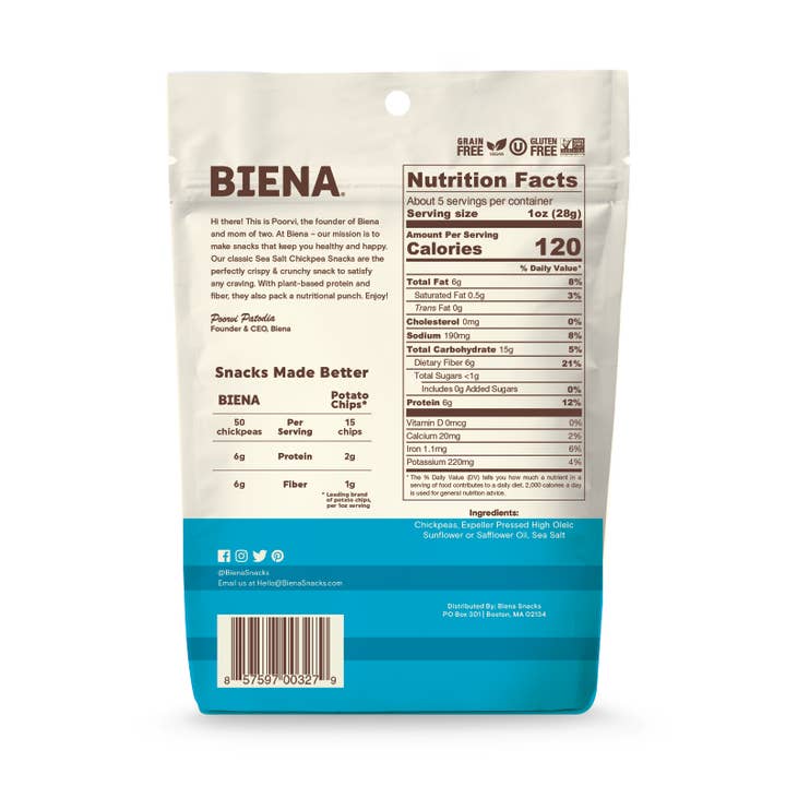 Biena Snacks - Wholesale Nuts - BIENA Roasted Chickpea Snacks Sea Salt 5 oz x 8ct Case1
