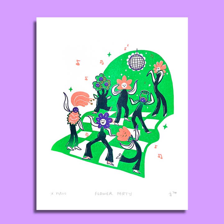 Flower Party Risograph Print - Shamrock Colorway for wholesale by Tamiko Sidore Studio