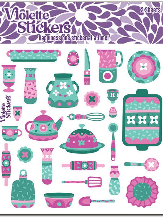 Autocollants d'ustensiles de cuisine miniatures roses K210 pour la vente par Violette Stickers