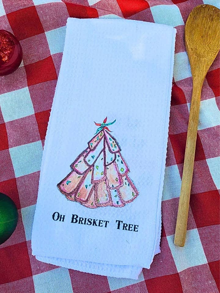 Christmas Tea Towel, Oh Brisket Tree for wholesale by Kelly Airhart Studios