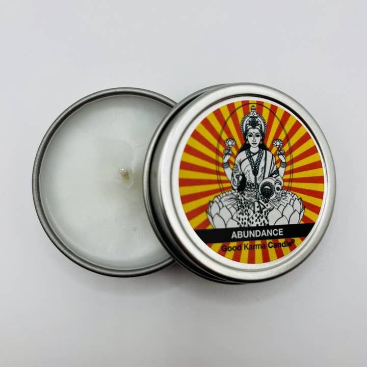Zensual Candles- Good Karma Candles - Wholesale Travel Candles - Lakshmi (Indian Sandalwood & Jasmine Petals) Available in 1 oz ($4.95) and 4 oz ($8.95) sizes0