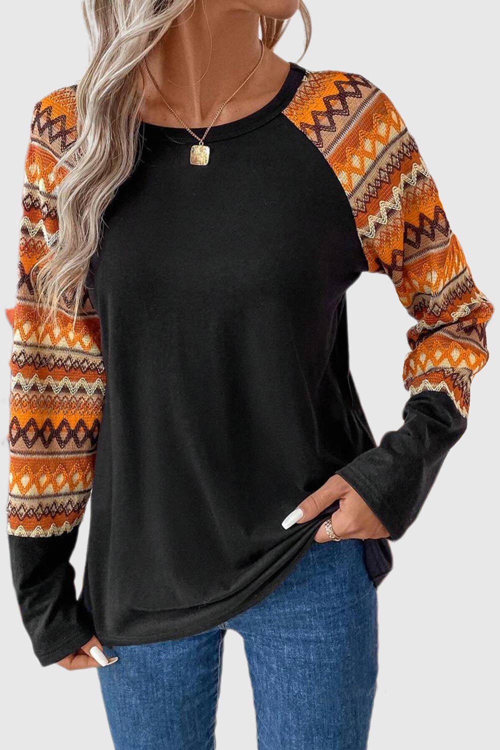 Orange Tribal Print Raglan Sleeve Crewneck Knit Top for wholesale on Faire3