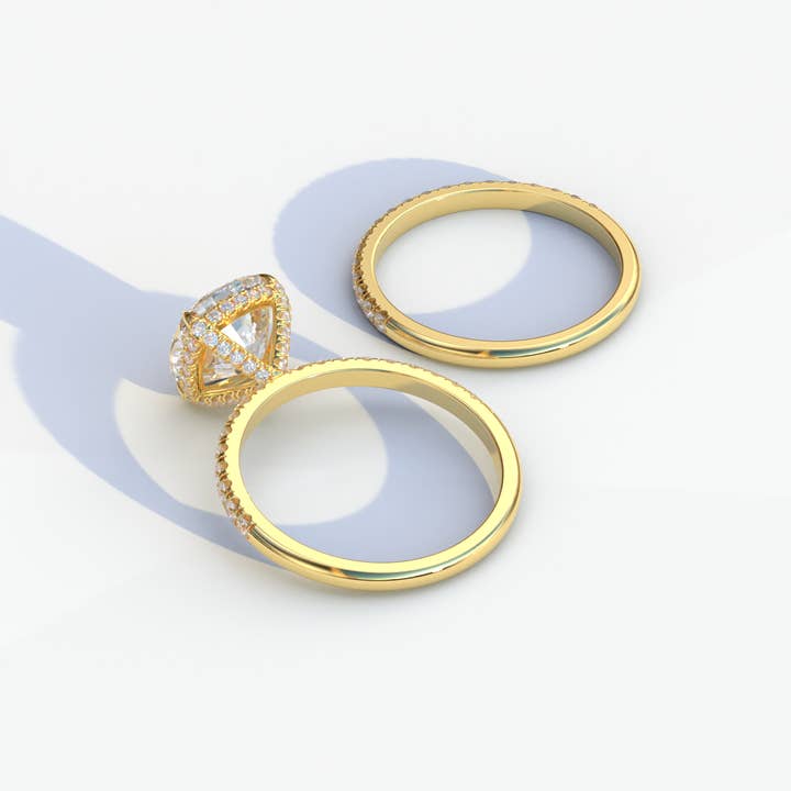 Mohana Jewels - Luxury - Wholesale Engagement Ring - 2 Carat E VVS Cushion Cut Hidden Halo & Pave Diamond Ring Set - Rebecca12