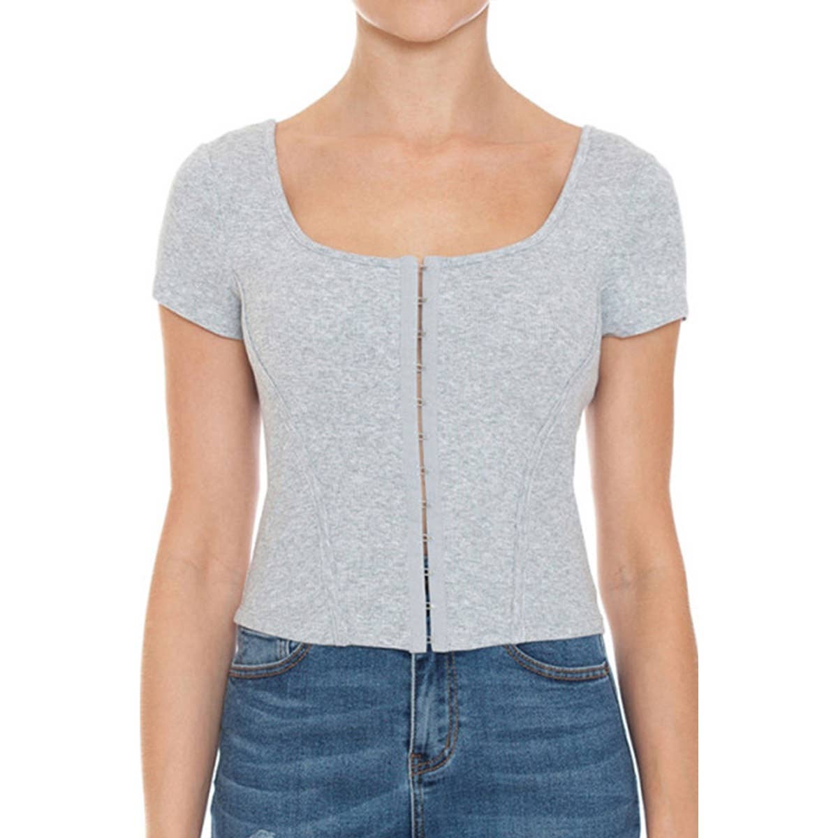 Timeless - Wholesale Knit Top - Women's - SQUARE NECK HOOK AND EYE BUSTIER SHORT SLEEVE TOP7
