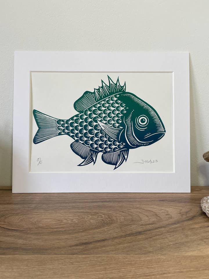 Gradient Fish Linocut Print for wholesale by Jackdaw and Bear