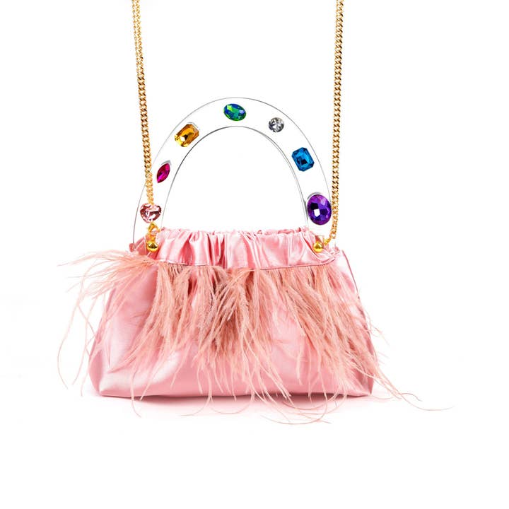 Pink Diamond-Adorned Feather Elegance Acrylic Top handle Handbag for wholesale by Milanblocks LLC