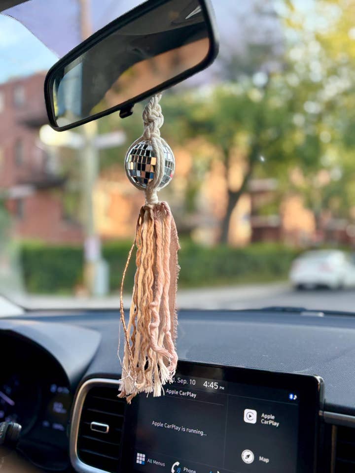 Macrame Disco Ball Car Charm: Boho Rearview Mirror Accessory for wholesale by EDA Artisanship
