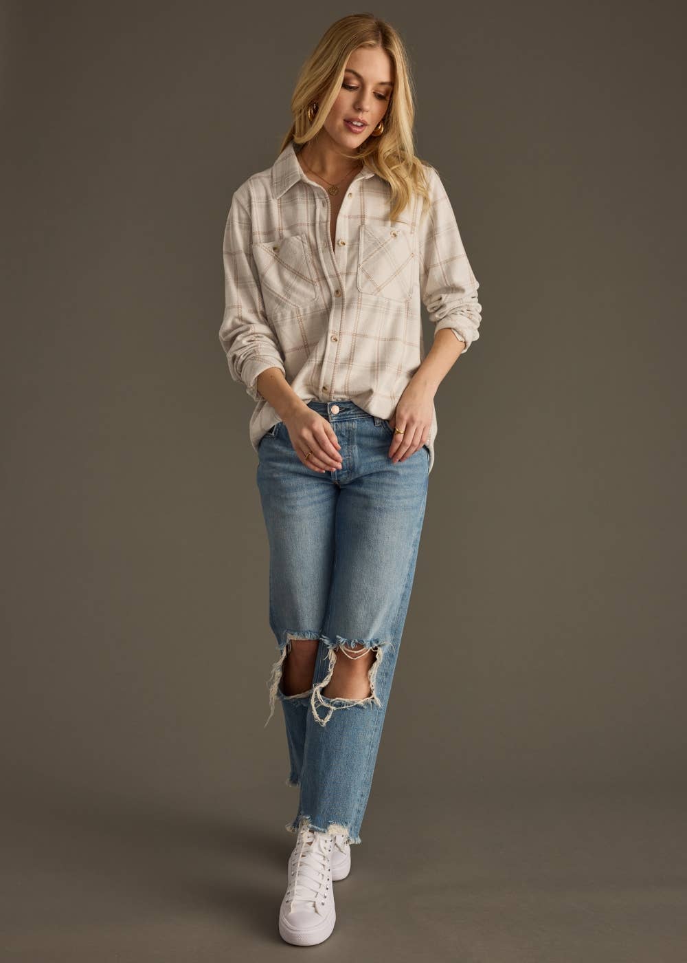 Panache Apparel Co. - Wholesale Button Down Shirt - Women's - Lt. Tan, Brown & Gray Plaid Button Up4