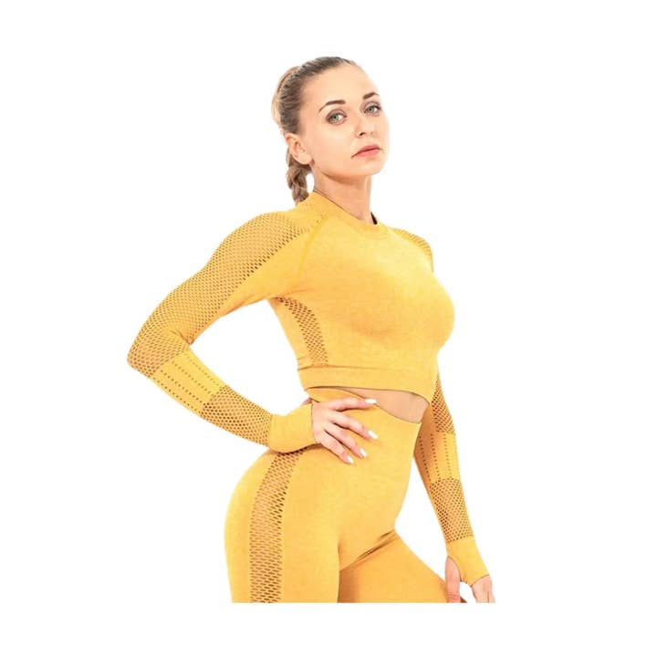 Yoga Set | Kvinnor Beskuren Topp Långärmad | GUL för wholesale av Swimcore