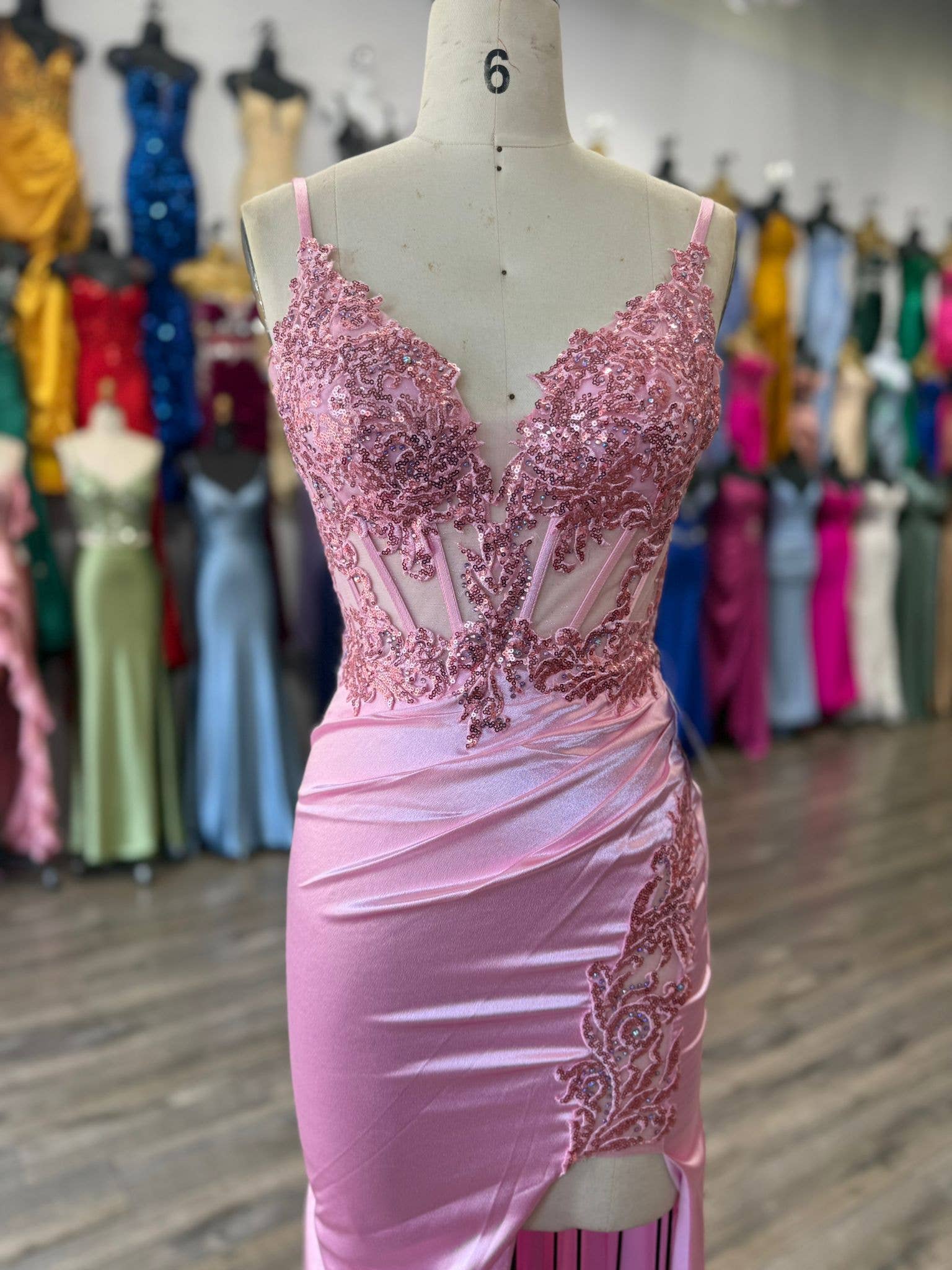 La Veneto - Wholesale Dress - Women's -  Deep v-neckline, thin straps, embellished bodice & leg slit0