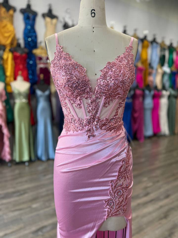 La Veneto - Wholesale Dress - Women's - Deep v-neckline, thin straps, embellished bodice & leg slit0