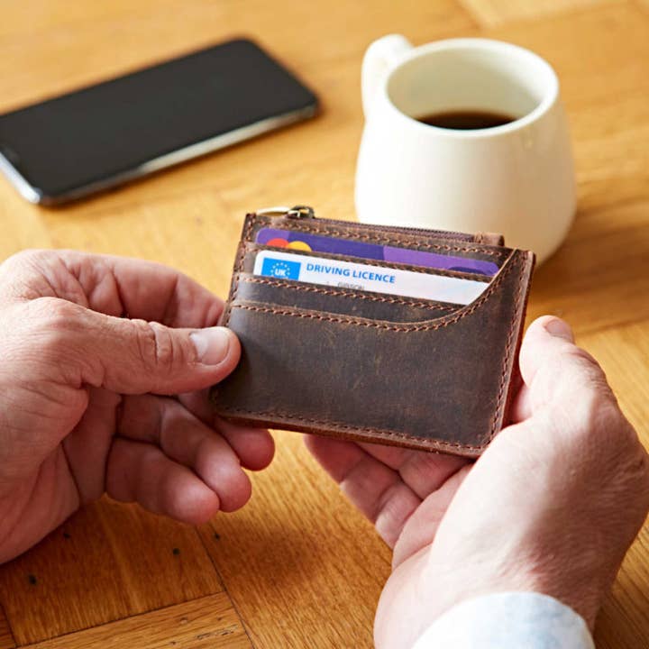 The Paper High Gift Company Limited - Wholesale Card Holder - Unisex - Brown Buffalo Leather Slim Zipped Card Holder - Handmade