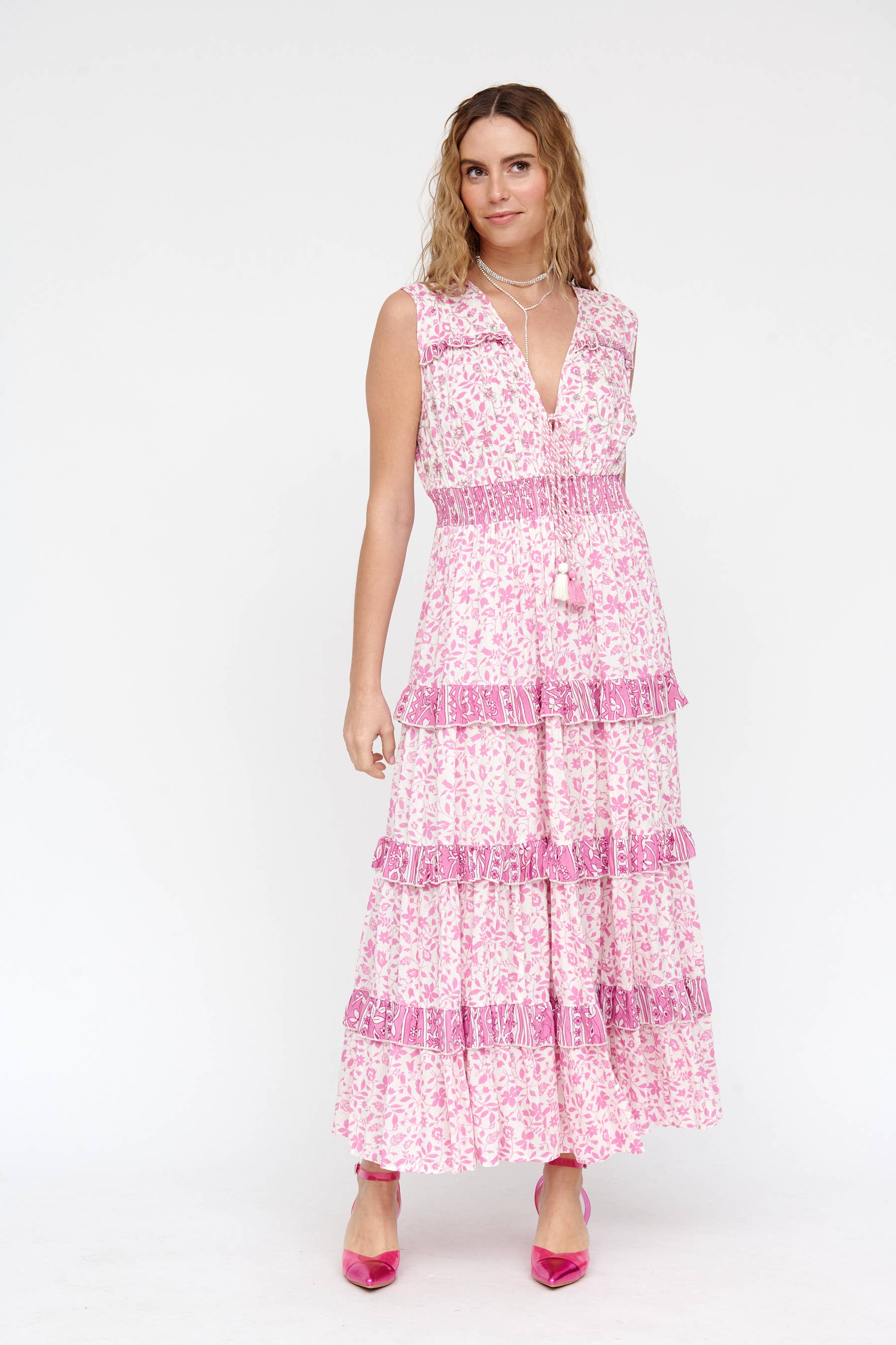  KHAKI TURQUOISE PINK  LONG BOHO WRAP DRESS WITH FLORAL PRINT AND RUFFLES for wholesale on Faire0