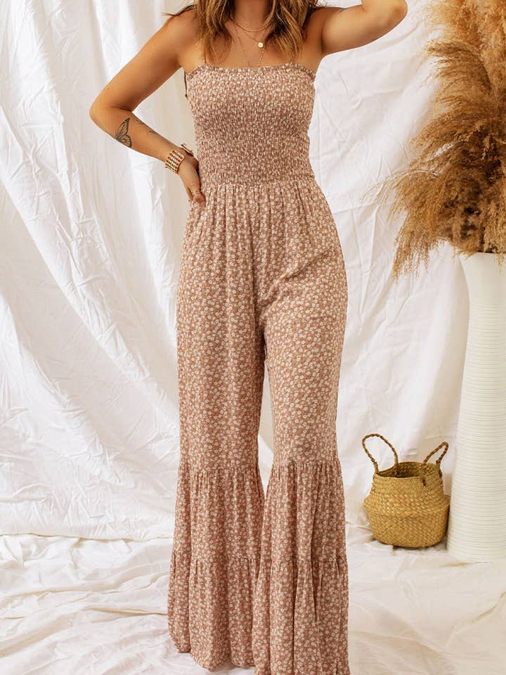 Lovesoft - Wholesale Jumpsuit - Women's - Thin Straps Smocked Bodice Wide Leg Floral Jumpsuit